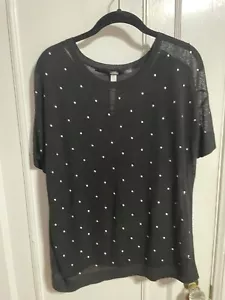 Kensie Womens Cropped Pullover Top, Black w/white dots, Shark Bite Hem, Size M - Picture 1 of 6