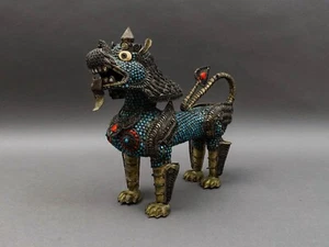 Chinese Tibetan Vintage Large Brass Turquoise Coral Temple Foo Dog Lion 11 1/2" - Picture 1 of 9