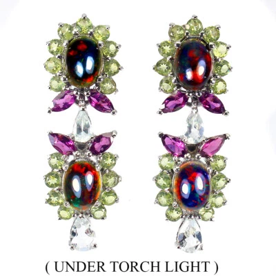 Sommer 925 Silber Ohrringe Oval Schwarz Opal Peridot Natürlich Edelstein Schmuck - Bild 1 von 4