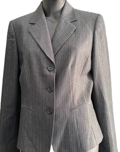 Tahari Blazer Women 12 Grey Pinstriped Single Breasted 3 Button Career Preppy - Picture 1 of 15