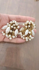 Vintage pierced faux pearl cluster teardrop dangle gold Hand Beaded earrings - Picture 1 of 6