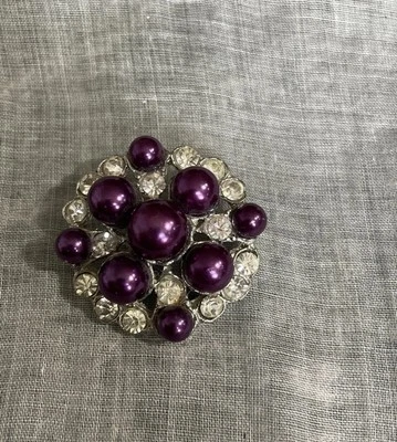Vintage Silver Tone Clear Rhinestone Purple Beaded Metal Shank Button 124-18 - Image 1 of 4