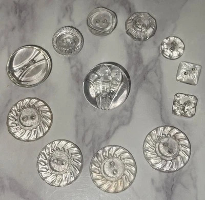 Vintage 12 Czech Clear Depression Crystal Glass Crafting Buttons 107-3 - Image 1 of 4