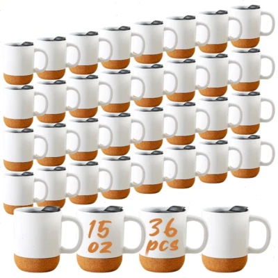 Sublimation Mugs 15oz Ceramic Coffee Mugs with Cork Bottom and Lid 36 Pack zl - Image 1 of 4