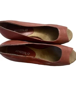 Tacones Aerosoles Mujer 9.5 M Souper Duper Peep Toe Cuña Bomba Marrón Imitación Cuero Foto 1 de 4