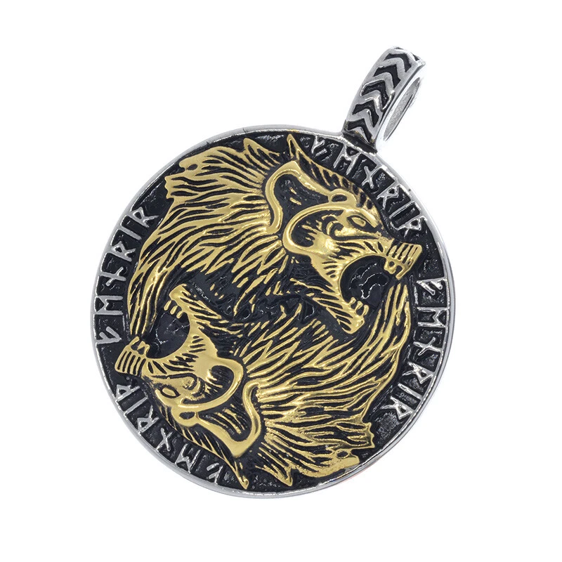 Wolfsköpfe Wolf Anhänger Amulett Odins Wölfe Runen Runenkreis AS-7347K - Bild 1 von 1