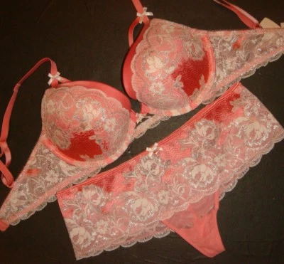 NWT Victoria's Secret 32D,32DDD BRA SET ORANGE SILVER WHITE VERY SEXY SEDUCTION - Image 1 of 4
