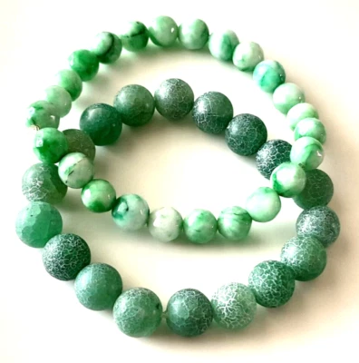 Artisan Green Dream Fire Dragon Lot of 2  Agate Round Beads Elastic Bracelet 7" - Image 1 of 4