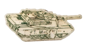 Vintage Fort McCoy Wisconsin Plastic Lapel Hat Pin Shapped Like M1A1 Abrams Tank - Picture 1 of 11