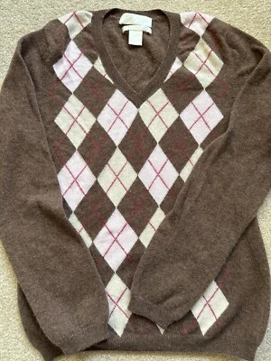 Argyle 100% Cashmere Woman Sweater Brown Pink Sz L - Image 1 of 3
