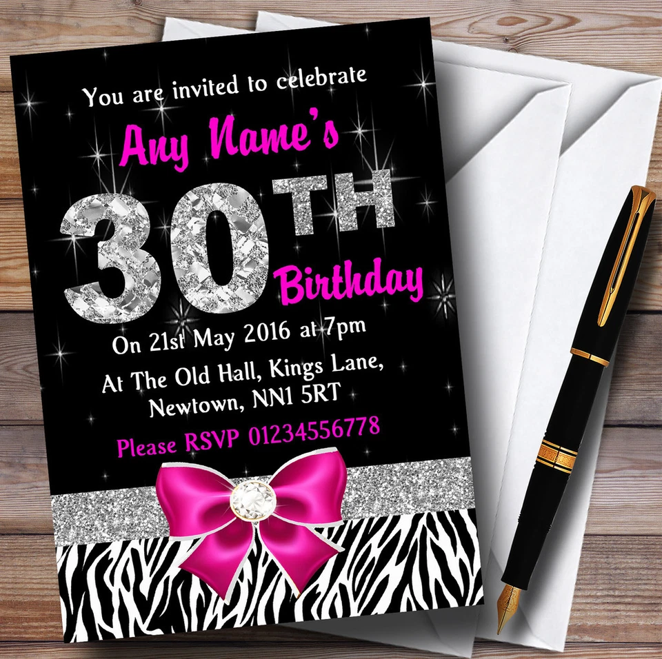 Pink Diamond And Zebra Print 30Th Birthday Party Personalised Invitations - Image 1 of 1