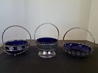 3 Vintage Cobalt Blue Glass Candy Condiment Bowl With Silver Holder