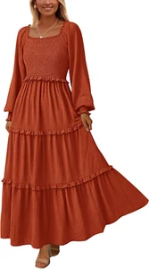 Women'S Spring Long Sleeve Smocked Maxi Dress Casual Square Neck Swiss Dot Tiere - Picture 1 of 12