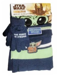 Boys Baby Yoda 3 Pc SET Scarf Beanie Hat & Gloves MANDALORIAN Star Wars Age 4-12 - Picture 1 of 1