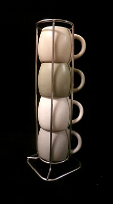 JUEGO DE 4 TAZAS APILABLES DEMITASSE DE GRES ESMALTADO con CADDY CROMADO PULIDO Foto 1 de 4