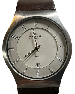 SKAGEN 233XXLSL MASCULINO ALL SS ANALÓGICO 36mm RELÓGIO DATA COURO MARROM NOVA BATERIA - Imagem 1 de 4