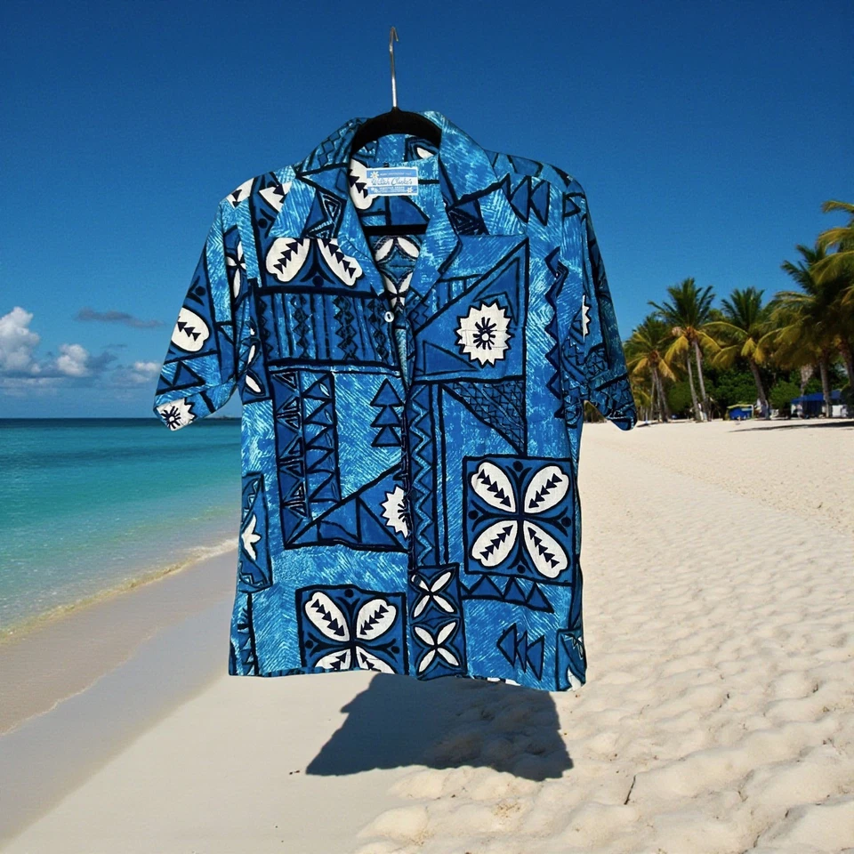 Camisa Hawaiana Waltah Clarke Azul Corteza Estampado Tapa De Colección Tropical  Foto 1 de 4