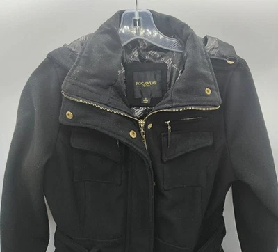 Rocawear Black Wool Blend Gold Full Zip Belted Winter Jacket Peacoat M - Image 1 of 4