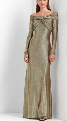 Ralph Lauren Gold Metallic Off-the-Shoulder Evening Dress Gown -sz 4 -msrp $325 - Image 1 of 4