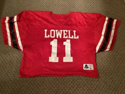 Camiseta de fútbol Lowell Red Arrows West Michigan década de 1990 OK White High School Foto 1 de 4