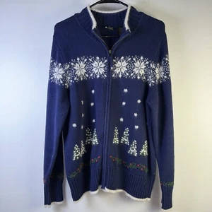 Guide Series Cardigan Womens L Blue Winter Print Full Zip Rabbit Fur Blend - Picture 1 of 11