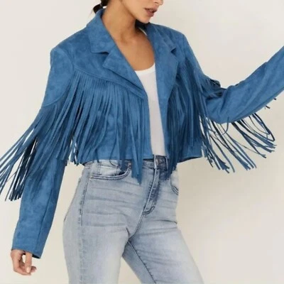 Chaqueta occidental de cuero con flecos de gamuza azul cielo para mujer Abrigo estilo vintage Damas Foto 1 de 4
