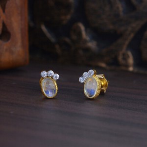 Diamond Pave 18K Yellow Gold Stud Earrings Moonstone Gemstone Designer Jewelry