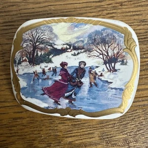 Vtg Christmas Pin Porcelain Victorian Women Skating Ice Pond Winter Scene Brooch - Picture 1 of 5