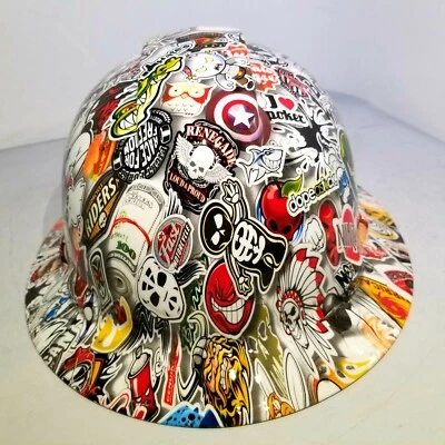 PYRAMEX Hard Hat custom hydro dipped , OSHA approved FULL BRIM, WILD STICKER BOMB NEW