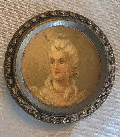 Antique lithograph woman's portrait fancy button  round metal 1 1/2” victorian Cover