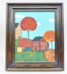 Pintura de edredón primitiva de granja con árboles 11" x 13" acolchado de campo enmarcado - Imagen 1 de 7