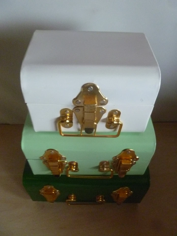 3 Mini Metal Storage Trunks Chests Set in Three Colours Lockable Lids Green New - Image 1 of 4