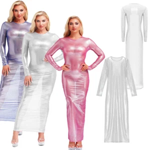 Women's See Through Metallic Dress Round Neck Long Sleeve Bodycon Club Dress - Picture 1 of 43