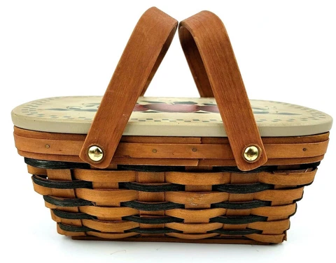 Woven Basket 2 Handles with Top and Apple Country Design 10.50" Small Picnic Cover