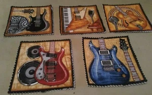 5pc guitars music fabric coasters quilted handmade electric acoustic microphone - Picture 1 of 2