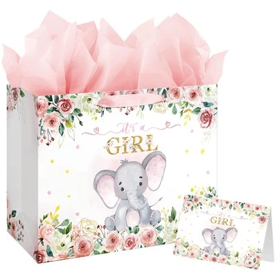 13" Large Baby Shower Birthday Gift Bag for Girl with Tissue Papers and Card ... - Image 1 of 4