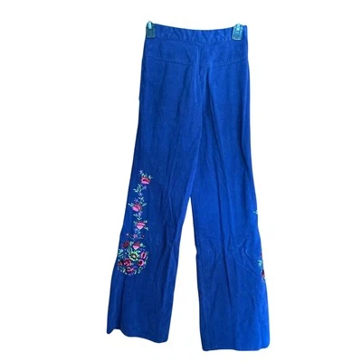 1970s Vintage Cotton Corduroy Blue Floral Embroidered Bell Bottoms Small - Image 1 of 4
