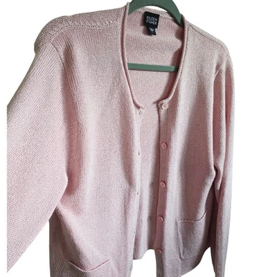 Eileen Fisher L 开衫针织丝绸混纺粉色纽扣前女式大号 — 第 1/4 张图片