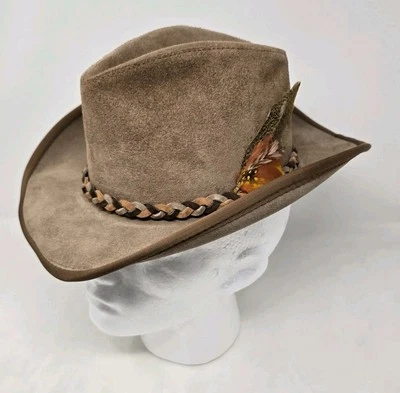 Sombrero rastreador vaquero de cuero gamuza United Hatters gorra sombrerería pluma mediana  Foto 1 de 4