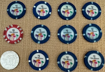 Lot of 12 VTG Mirage Casino Chip 1 x $1 Gaming Token/10 x $1 (Blue)/1 x $5 (Red) - Image 1 of 4