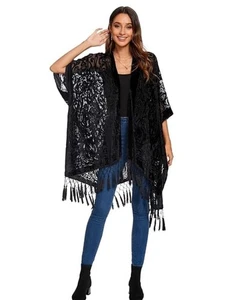 MJ SERECA Women's Burnout Velvet Black Kimono Long Cardigan Cover Up, ONE SIZE - Picture 1 of 8