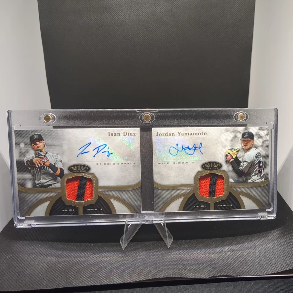 2020 Topps Tier One Dual Relic Book /10 Isan Diaz Jordan Yamamoto Rookie Auto RC - Image 1 of 2