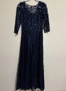 NEU mit Etikett! Tahari dunkelblau Spitze & Pailletten 3/4 Ärmel langes festliches Kleid Größe 10 - Bild 1 von 14
