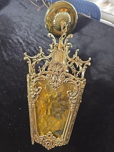 Vtg Brass Gold Hanging Lamp Gothic Ornate 13” Pendant Amber Textured Glass - Picture 1 of 10