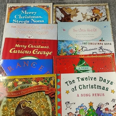Christmas Curious George Songs Elf Snowman Strega Nona Mitten 10 Kids Book Lot Foto 1 de 4