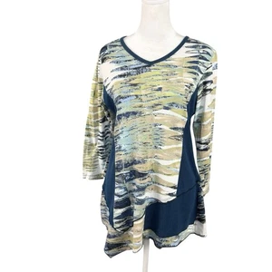 Parsley & Sage S Tunic Mixed Media Asymmetric Hem Blue Paintbrush Stripes Artsy - Picture 1 of 10