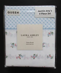 LAURA ASHLEY Queen Sheets Harperette Floral Pink & Blue+Border 4Pc Set Cottage - Picture 1 of 5