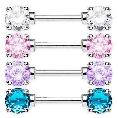 Round Nipple Bar Nipple Ring Barbell Crystal Gem Prong Set Surgical steel - Image 1 of 4