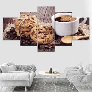 Coffee Cup Dessert Cookies 5 Panel Canvas Print Wall Art Poster Home Decoration - Picture 1 of 5