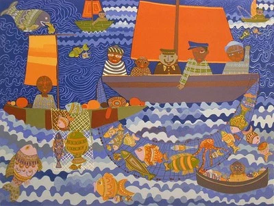 Litografía numerada firmada por Josette Bardoux "Barcos de pesca" caprichosa escena oceánica Foto 1 de 3